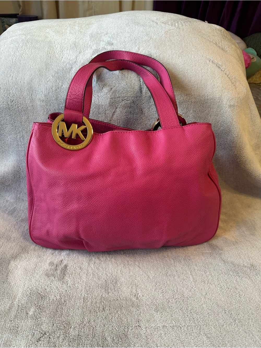 Michael Kors Hot Pink Leather Tote with Gold MK Charm